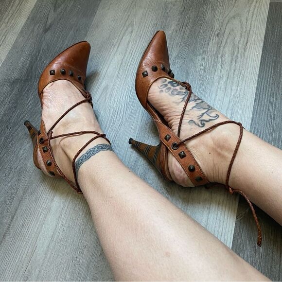 Georgina Goodman Heels Brown Leather Ankle Lace Up Studded Designer - Picture 6 of 11